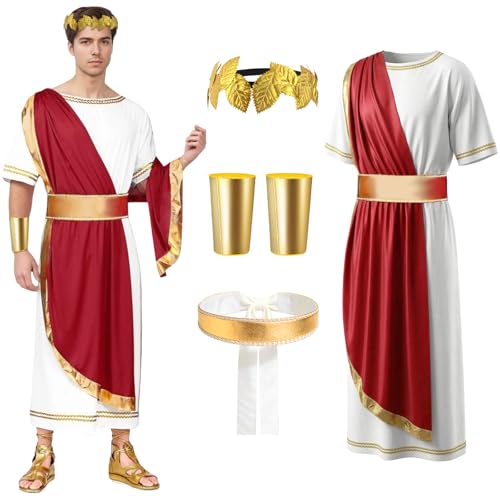 Costume Romain pour Homme, Costume de Dieu Grec pour Homme avec Toge Romain, Bandeau, Bandoulière, Déguisements de Carnaval pour Adultes, Costume Romain pour Fêtes Carnaval Halloween (Rouge-1, M)