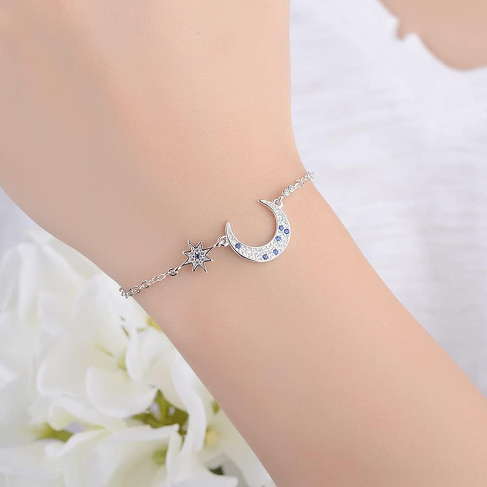Dainty Star Moon Bracelets 925 Sterling Silver Crystal Cubic Zirconia Crescent Moon Chain Adjustable Necklace Bracelet Fashion Jewelry Gifts for Women - Image 2
