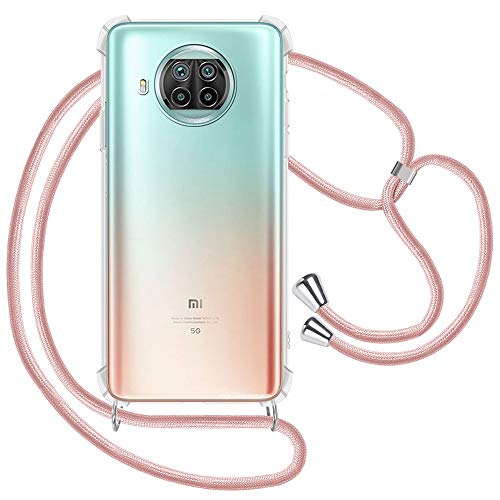 XTCASE Funda con Cuerda para Xiaomi Mi 10T Lite 5G, Carcasa con Cordón Transparente Suave TPU Silicona Anti-Choque Anti-Arañazos Case con Ajustable Collar de Cuello Cadena, Oro Rosa Cover