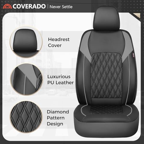 Image of Coverado Car Seat Covers Full Set, Automotive Seat Covers for Cars, Leather Seat Covers, Car Seat Covers Front Seats Back, Car Seat Protector Car Seat Cushion Universal Fit Most Cars Trucks Black&Grey