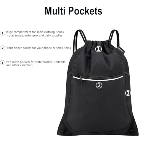 HOLYLUCK Drawstring Backpack Small Gym Bag with Mesh Pockets String Bag Backpack for Men Women, Black3