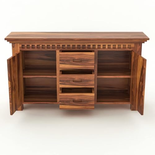 Image of Solid Sheesham Wood Sideboard and Cabinets | Wooden Side Board Media Console Tv Cabinet for Living Room | Free Standing Cabinet with 3 Drawers & 2 Door Cabinet Storage | Natural Finish