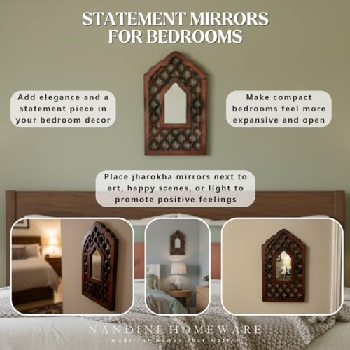 Image of Nandni Homeware Handcrafted Traditional Brown Mughal MDF Wooden Mirror Jharokha Wall Art | Boho Vintage Style Decorative Wall Hanging for Living Room, Bedroom & Home Interiors (Brown Mughal)