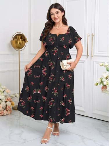 Image of SCOMCHIC Womens Plus Size Maxi Dress Formal Short Sleeve Square Neck Smocked Side Split Flowy A Line Tiered Long Dress