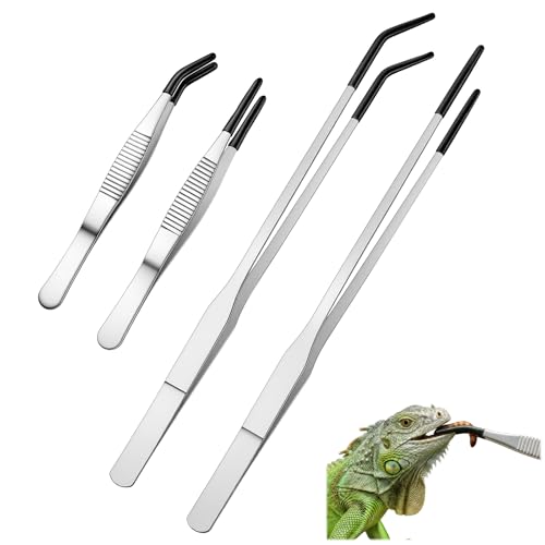 WJIAAA Lot de 4 pinces à épiler longues en acier inoxydable pour reptiles - 10,6 mm - Fournitures de terrarium droites et incurvées pour aquarium, terrarium, travaux manuels, aquariums de reptiles