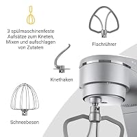 KLAMER Küchenmaschine 1800W, Knetmaschine Brotteig mit Edelstahl-Rührschüssel 6 L, 10 Stufen mit Timer, Planetenrührwerk, Rührbesen, Knethaken, Schneebesen & Sichtdeckel (silber) – Ansicht 5