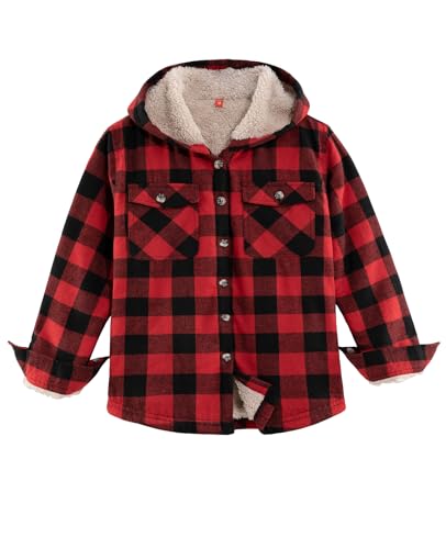 ZENTHACE Toddler Boys Girls Fleece Jacket Hoodie Flannel Lumberjack Plaid Shacket Sherpa Lined Button Up Hooded Sweatshirt Red 5T
