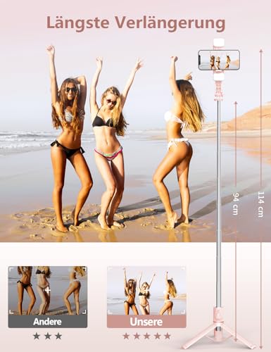 Selfie Stick mit Fülllicht, 114 cm Smartphone Stativ mit Fernauslöser Kompatibel mit iPhone 15/14/13/12/11 Pro/Max/Plus, Huawei, Xiaomi(Rosa) 3