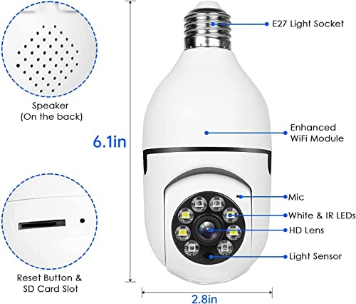 Topiacam 2.4G Wifi Light Bulb Security Camera, 1080P Security Camera Light Bulb Outdoor, Wireless Wifi Security Light Bulb With Camera, Color Night Vision,2-Way Talk,Motion Tracking,Work With Alexa #TOP6