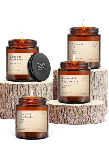 EM5 Aromatherapy Scented Candles Set of 4 | Sleep/Destress - Focus/Meditate - Relax/Calm - Refresh/Rejuvenate | 100g Each, 30Hrs Burn Time | 100% Natural Wax | Non-Toxic, Clean Burning Candles