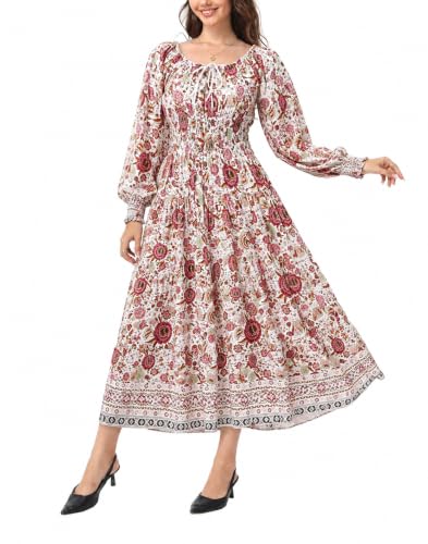 Image of OSTOO Women's 2026 Casual Long Sleeve Square Neck Smocked High Waist Flowy Maxi Dress,Boho Tiered Beach Party Dress