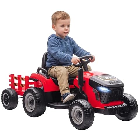 AIYAPLAY Elektryczny traktor dziecięcy z przyczepą, traktor z pilotem zdalnego sterowania, 2 silniki, 3-biegowy samochód elektryczny dla dzieci z muzyką, klakson, dźwięk rozruchu, delikatny start, 3-5