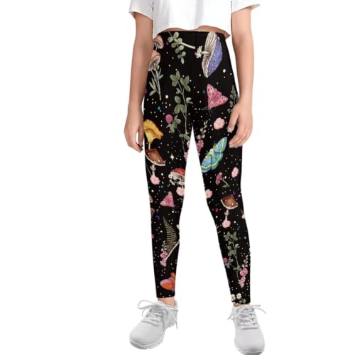 SCRAWLGOD Mushroom Moth Girls Leggings Size 6-7 Butterfly Floral Gymnastic Yoga Pants for Little Kids Tummy Control Workout Leggings Buttery Soft Compression Activewear Running Dance Capri Tights