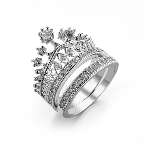Cubic Zirconia Wedding Bands Crown Double Rings for Engagement Rings 925 Sterling Silver Crown-Shape Stackable Rings Set Engagement Rings Set Wedding Band Rings for Women Size 64
