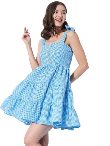 Image of Women's Gingham Checkered Summer Dress | Sleeveless A-Line Mini Dress with Shoulder Tie Straps & Button Front | Casual Picnic, Beach Wear
