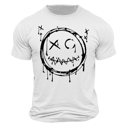 Mens T-Shirt Fashion Tshirts Men UK Y2K Smiling Face Printed Short Sleeve Tee Shirts Classic Tops Summer Stretchy Crew Neck Streetwear Breathable Quick Dry Active Wear Clothing White XL