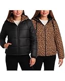 Steve Madden Womens Winter Jacket - Heavyweight Reversible Quilted Parka Puffer Coat Faux Fur Lined Jackets for Women, Size Large, BLACK/LEOPARD