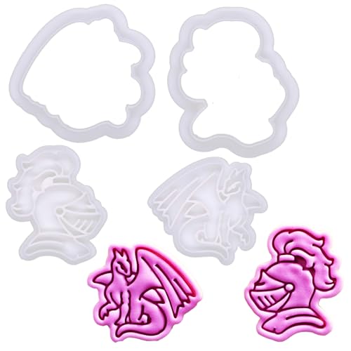 BAKERLOGY Epische Schlacht Mini Ausstechform & Prägestempel Set (5 cm) – Drache & Ritter mit Federhelm Fondant Präger für Fantasy Cupcakes, Mittelalterpartys & Mythische Kreaturen Backwaren