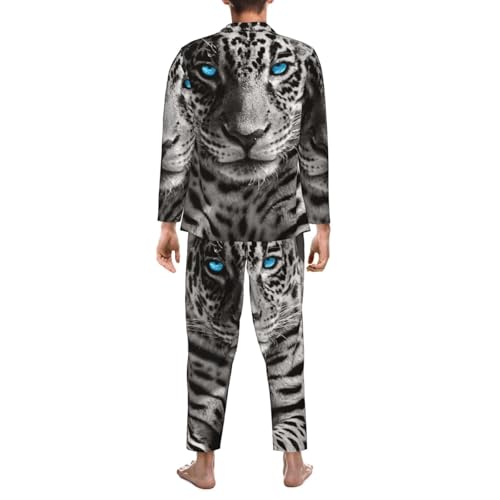 Leopard With Blue Eyes Mens Pajamas Set Button Down Sleepwear Set Long Sleeve Loungewear With Pockets2