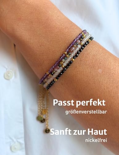 happymaker- Turmalin Armband bunt, handmade in Deutschland, Naturstein Armband Damen mit gemischten Turmalin Steinen und Gold Perlen aus Edelstahl, Heilsteine Armband mit Geschenkverpackung-3