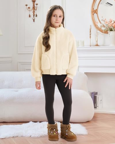 Stelle Girls Sherpa Jacket Fall Fleece Coat Full Zip Winter Fuzzy Outerwear with Pockets for 4-15 Years2