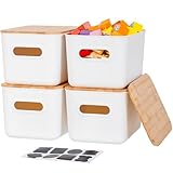 Citylife 4 Packs Plastic Storage Bins with Bamboo lids Stackable Storage Containers for Organizing, Bundled with Labels and Marker 10.24 x 7.01 x 6.1 inch