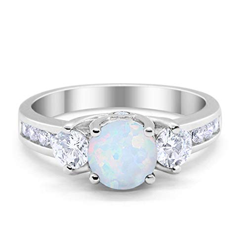 Three Stone 3-Stone Wedding Engagement Ring Created White Opal Round Simulated Cubic Zirconia Solid 925 Sterling Silver, Size-9