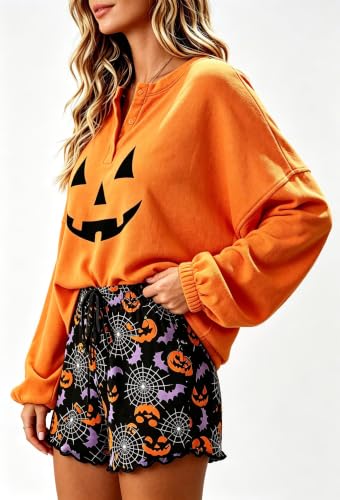 Image of Roshop Halloween Pajama Women's Pumpkin Top & Shorts Loungewear Set