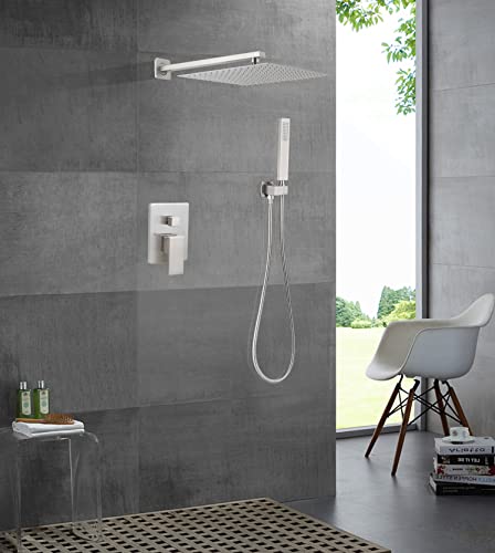 Jinggang Brushed Nickel Shower System 12 Inch Bathroom Luxury Rain Mixer Shower Combo Set Wall Mounted Rainfall Shower Head And Handheld System Shower Faucet Set Rough-In Valve Body And Trim Included #TOP1