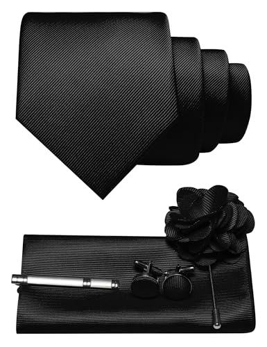 JEMYGINS Corbata de sarga para hombre con diseño monocolor, incluye pañuelo de bolsillo, gemelos, pinza de corbata y broche de flores, set de regalo para fiestas, negocios, bodas, Negro , M