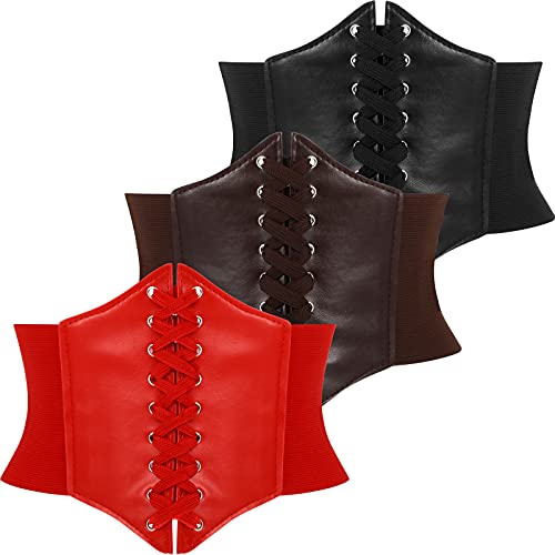 3 Pieces Lace Women Corset Belts Elastic Wide Band Retro Tied Waspie Waist Belt, Black, Brown, Red (Medium)