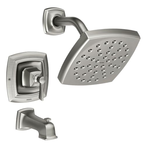 Image of Moen Conway Spot Resist Brushed Nickel Bathroom Shower Trim Kit with Square Showerhead, Handle, Tub Spout, and Posi-Temp Valve Included, 82922SRN