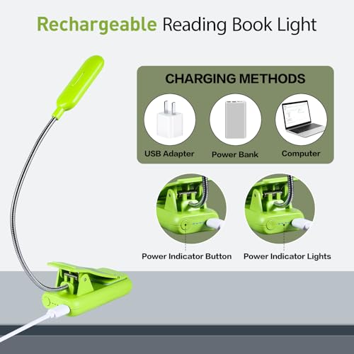 Image of VAVOFO Rechargeable Book Light for Reading in Bed Kids, 7 LED Reading Light with 9-Level Warm Cool White Daylight, Eye Care Lamp with Power Indicator for Bookworms (Neon Green)