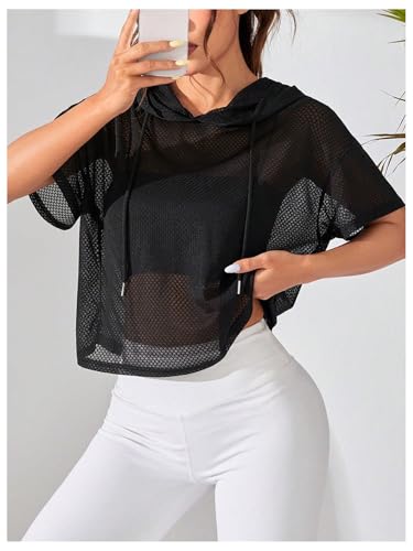 SweatyRocks Women's Short Sleeve Fishnet Hoodies Hollow Out Sports Workout Tops4