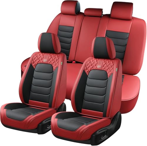 Image of FLORICH Car Seat Covers Full Set, Leather Seat Cover, Front and Rear Seat Covers 5 Seats, Waterproof Car Seat Cushion Protector Accessories for Sedan SUV Pick-up Truck (Red&Black, Full Set)