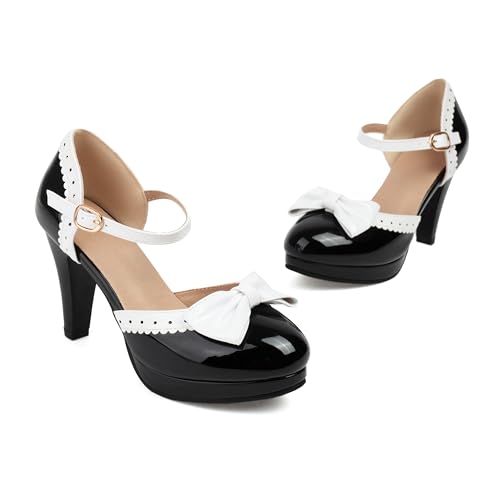 Image of ForeMode Fashion Women T-Strap High Heels Bow Platform Round Toe Pumps Leather Summer Sweet Shoes