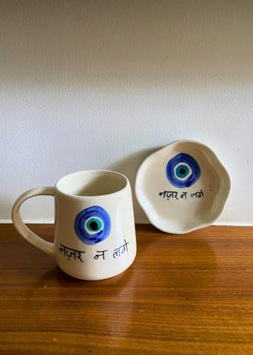 Image of WEAVING HOMES Handcrafted Ceramic Nazar Coffee Mugs and Dessert Plates for Gifting Man and Woman, Tea Cups and Saucers Set of 2 for Best Friend (300 Ml)