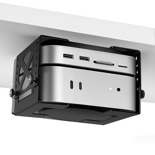 Upgraded Adjustable Under Desk Mini PC Bracket Universal Adjustable Mount CPU Holder for Mac mini M4 & Small PCs 6-Level Height (1.83.3) Heavy-Duty Metal Space-Saving Under Desk Mount