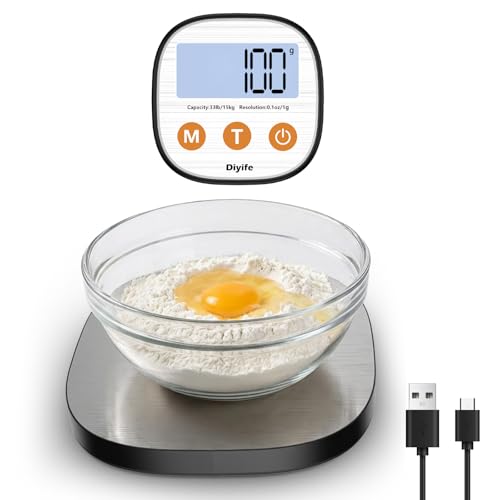 Separate Digital Kitchen Scale, [15kg/1g] Diyife Rechargeable Magnetic Weighing Scales Food, 4 High Precision Sensors Round Electronic Scales with Stainless Steel Platform,Tare, Fit for Baking,Cooking