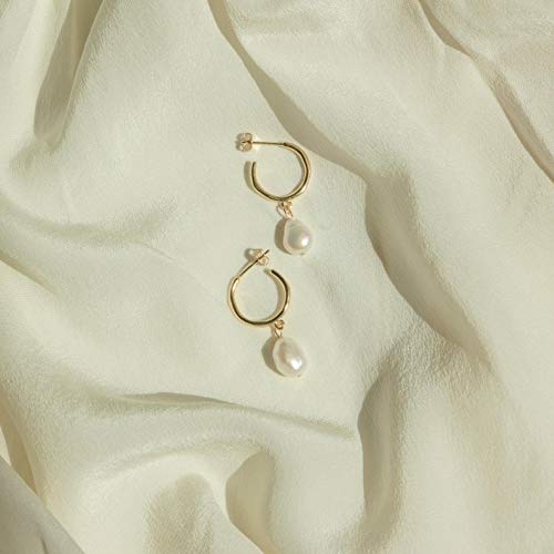 CAITLYNMINIMALIST 18K Gold Plated Sterling Silver Margot Freshwater Pearl Charm Dangle Drop Stud Hoop Earrings for Women4