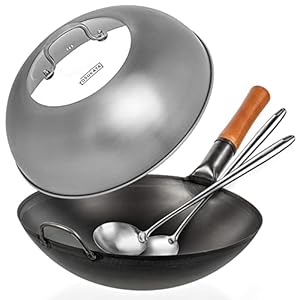 YOSUKATA Carbon Steel Wok Pan – 14 “ Woks and Stir Fry Pans With Wok Lid 13.6 Inch – Premium Stainless Wok Cover with Tempered Glass Insert Steam Holes +17’’ Wok Spatula and Ladle
