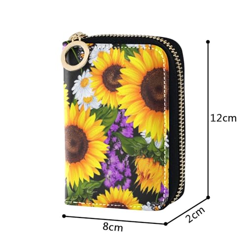 Zip Around Wallet for Women RFID Blocking Credit Card Holders Leather Zipper Travel Wallet with Key Ring Floral Vibrant Sunflowers3