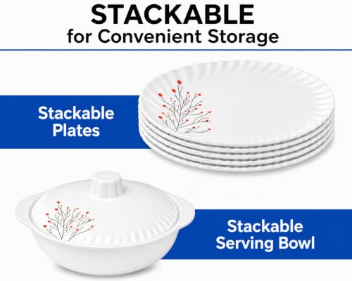 Image of Melvio Premium Floral Melamine Dinner Set for Family Dining, Elegant Printed Crockery Set with Dinner Plates, Quarter Plates, Bowls, Serving Bowls with Lids & Spoons, Lightweight (Dinner Set 40Pcs)