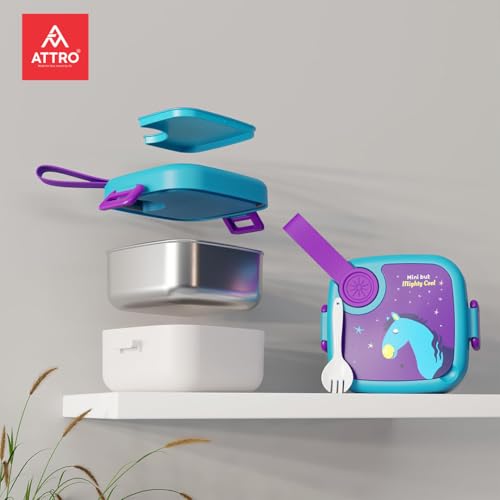 Image of ATTRO KidsMate Horse Lunch Box Stainless Steel Comes with 1 Detachable Tray| Leak-Proof & Durable | Plastic Spoon | Ideal for Kids, School, Picnic - Blue Purple - 500ml