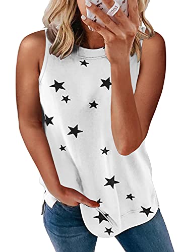 Diukia Women's Plus Size Loose Crewneck Star Print Pattern Tank Tops Summer Casual Round Neck Sleeveless Graphic Tshirts Cute Side Split Sleeveless Shirts Blouses For Teen Girls White 2Xl #TOP14