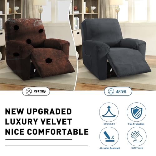 Image of ZNSAYOTX 2026 Velvet Oversized Recliner Cover 3-Piece, Luxury Plush Recliner Chair Covers with Elastic Band & Ties Stay in Place, Stretch Reclining Slipcover for Lazy Boy Soft Washable (Black)
