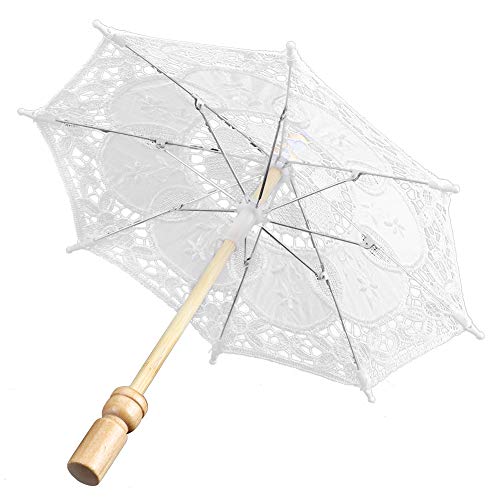 Lazmin112 Koronkowy parasol, vintage koronkowy parasol ślubny, drewniany uchwyt, parasol w sztyfcie, akcesoria ślubne na imprezę, rekwizyt fotograficzny, rozmiar S 38 cm, Weiße Trompete,
