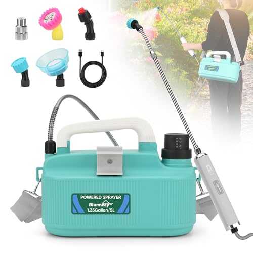 BlumWay Pulverizador eléctrico de 1,35 galones, potente pulverizador eléctrico con 5 boquillas de niebla, mango recargable, 4000 mAh, pulverizador de jardín con correa ajustable para el hombro para