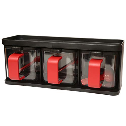 3 Piece Plastic Gourmet Seasoning Box With Tray Set Condiment Jar set With Lid & Spoon Clear Spice Pots Spice Jars Dispenser Tea Coffee Sugar Salt Herb Storage Canister Cruet (Black)