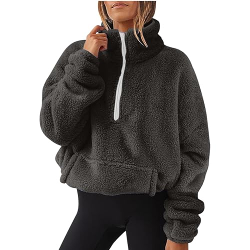 women's cardigans,Teddy Fleece Jacket Women Half Zip Crop Long Sleeve Stand Collar Tunic Tops Blouse Zip Up Double Jumpers Loose Fit Fluffy Pullover Tops Sweatshirts Fall Winter Warm Coats
